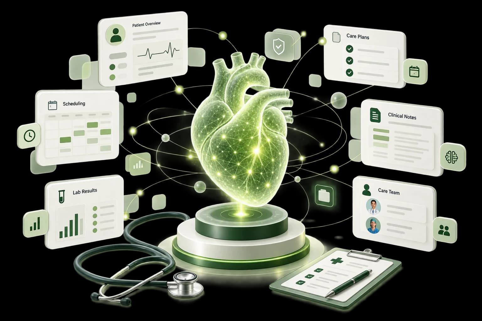 Healthcare systems and care workflows connecting into one clarity layer — Nabhi Cares